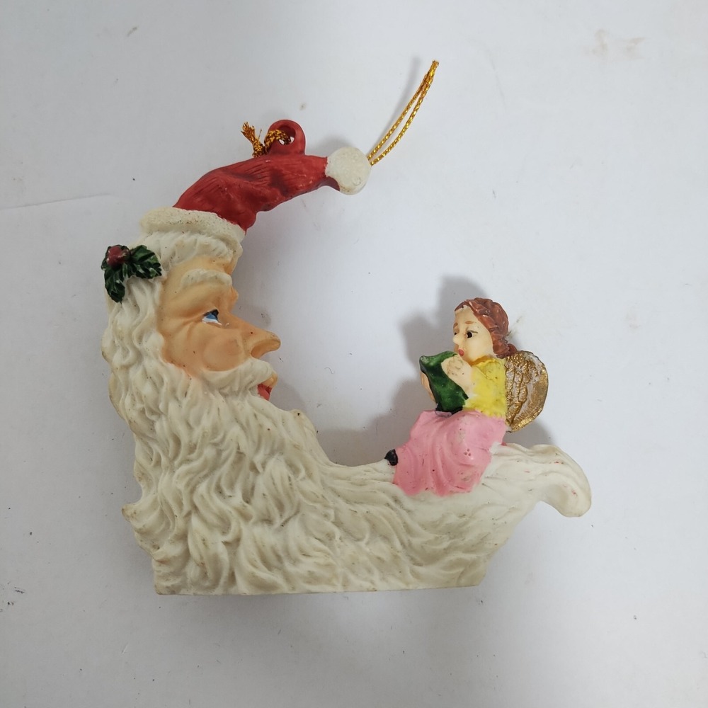 Vintage Crescent Moon Santa With Angel Reading Christmas Tree Ornament 3" X 3"